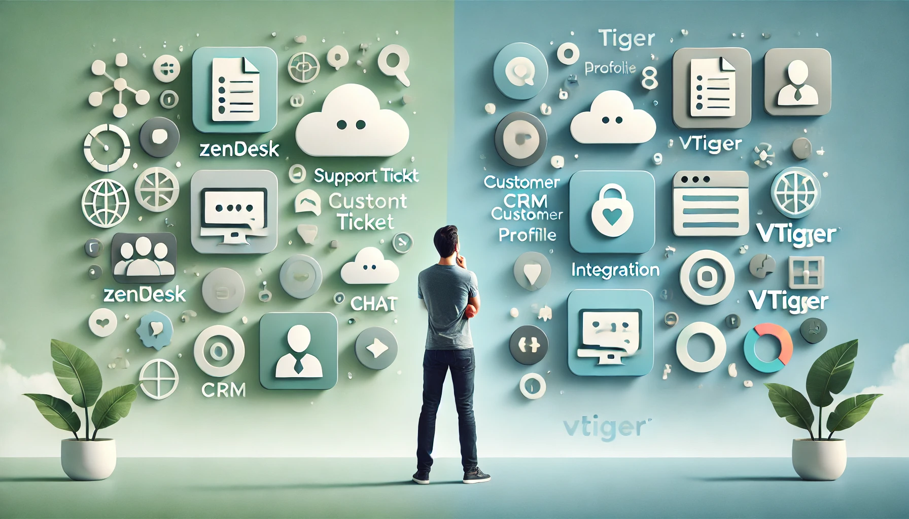 Alt text: A person stands in a thoughtful pose between two distinct sets of icons representing Zendesk and Vtiger options. On the left, Zendesk symbols, including a support ticket, chat bubble, and dashboard icon, are displayed in soft green tones, while on the right, Vtiger symbols like a CRM database, customer profile, and integration icons appear in bold blue tones. The background is a soft gradient, emphasizing the contrast, as the individual contemplates the best option. 
