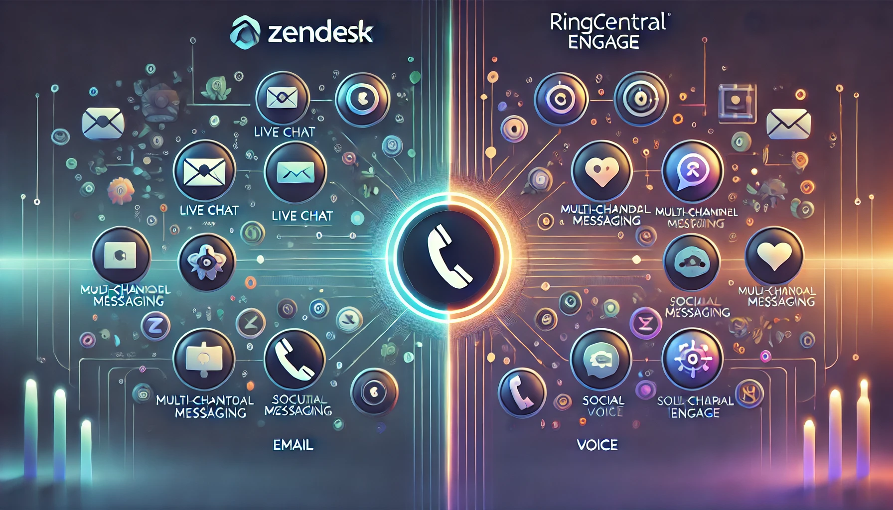 A wide image contrasting Zendesk and RingCentral Engage for communication effectiveness. The Zendesk side includes icons for live chat, email, and phone in shades of blue and green, while the RingCentral Engage side shows icons for multi-channel messaging, social media, and voice in orange and purple. The center text emphasizes each tool's communication strengths, set against a tech-inspired gradient background with glowing lines for a modern, professional look.

