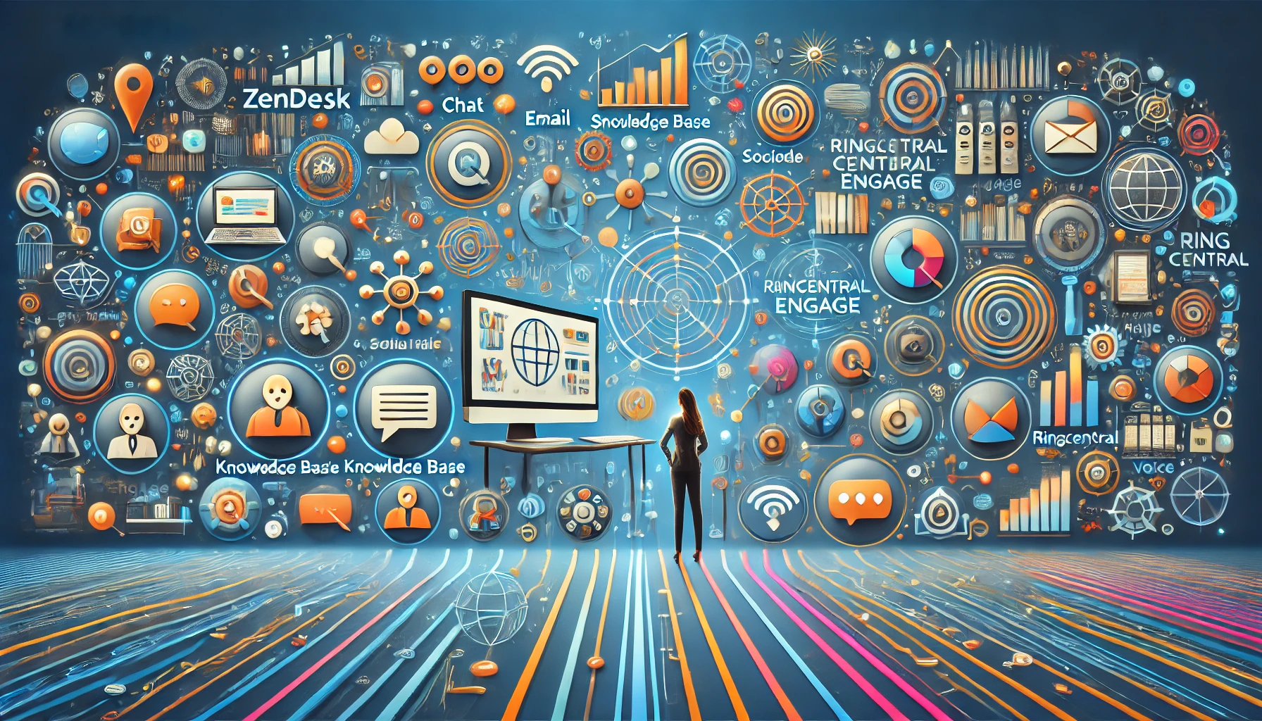 A wide comparison image illustrating key features of Zendesk and RingCentral Engage. Zendesk’s side, on the left, displays icons for chat, email, social media, knowledge base, and analytics, emphasizing multi-channel support with bright interconnected lines. On the right, RingCentral Engage highlights communication features like omnichannel messaging, video, and voice capabilities, showcasing its focus on unified communication. The background features professional blue and orange tones, giving a balanced and cohesive visual layout that differentiates each platform’s strengths.