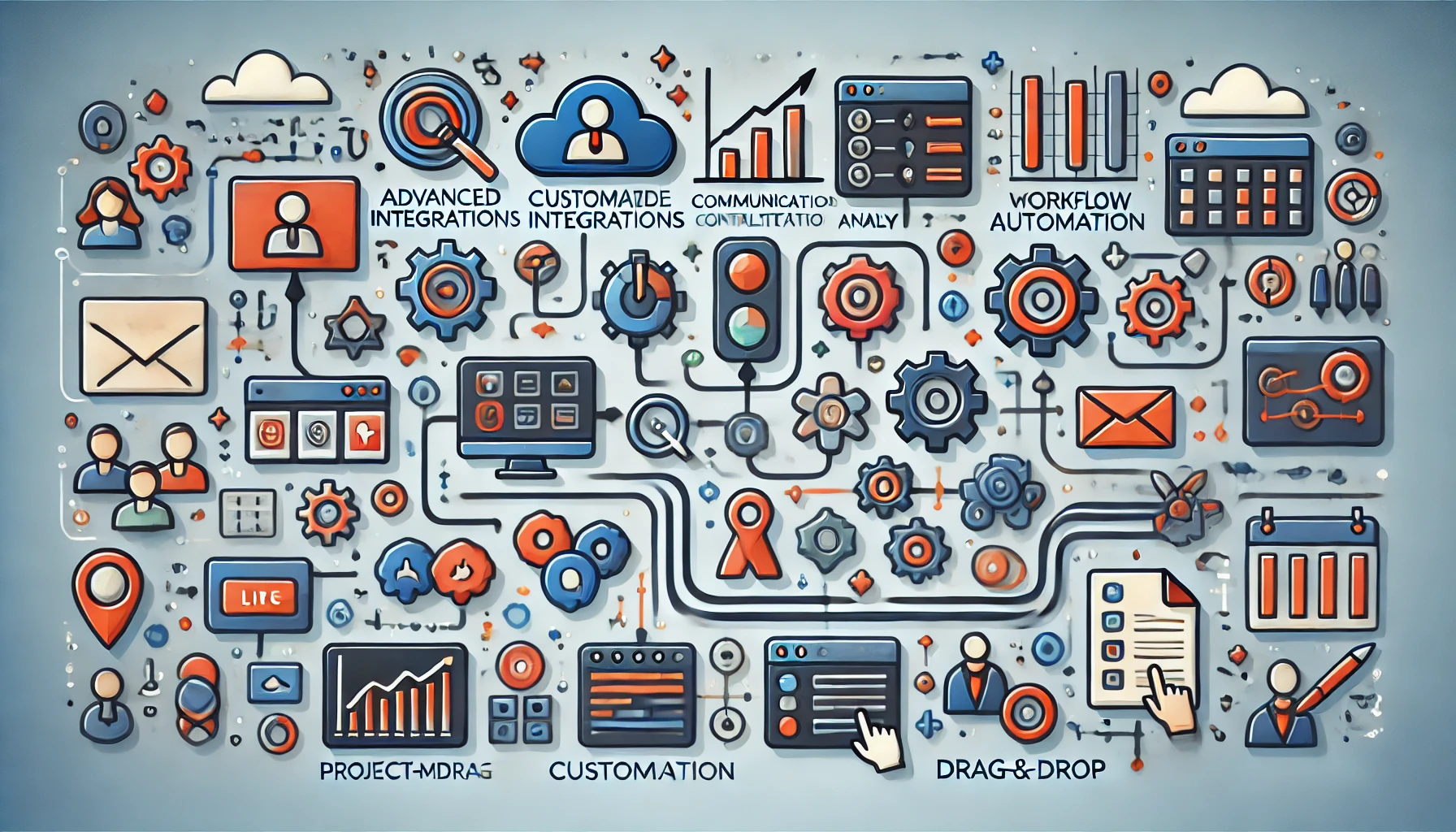 A wide, vibrant illustration showcasing integration and customization options for business teams. Icons for tools like project management, communication, analytics, and automation are connected by flowing lines, with sliders, toggles, and modular configurations indicating flexibility. The organized, colorful layout highlights seamless connections between tools, emphasizing how settings can be tailored to meet unique business needs.