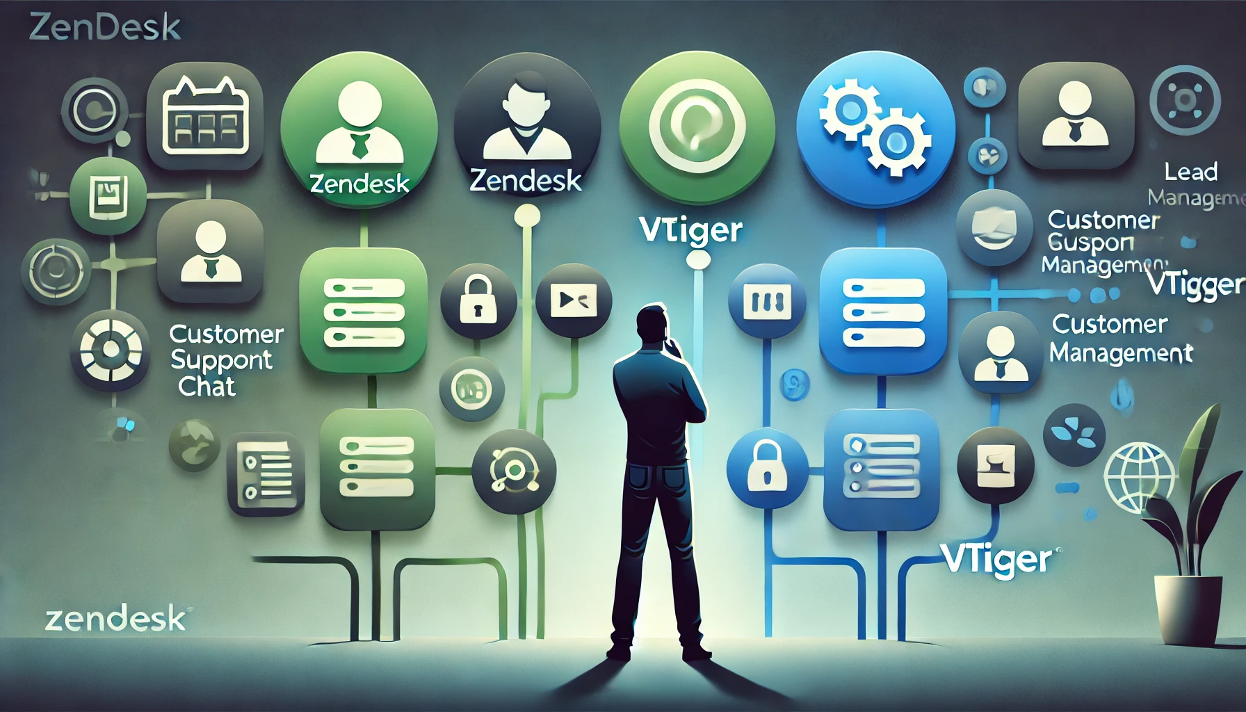 A person stands thoughtfully in the center of a decision-making scene, evaluating two platform options. On the left, green-toned icons represent Zendesk features like support chat, ticket management, and analytics. On the right, bold blue icons represent Vtiger capabilities such as customer profiles, lead tracking, and integrations. The background has a gradient that highlights the contrasting options, providing a professional, business-focused atmosphere.