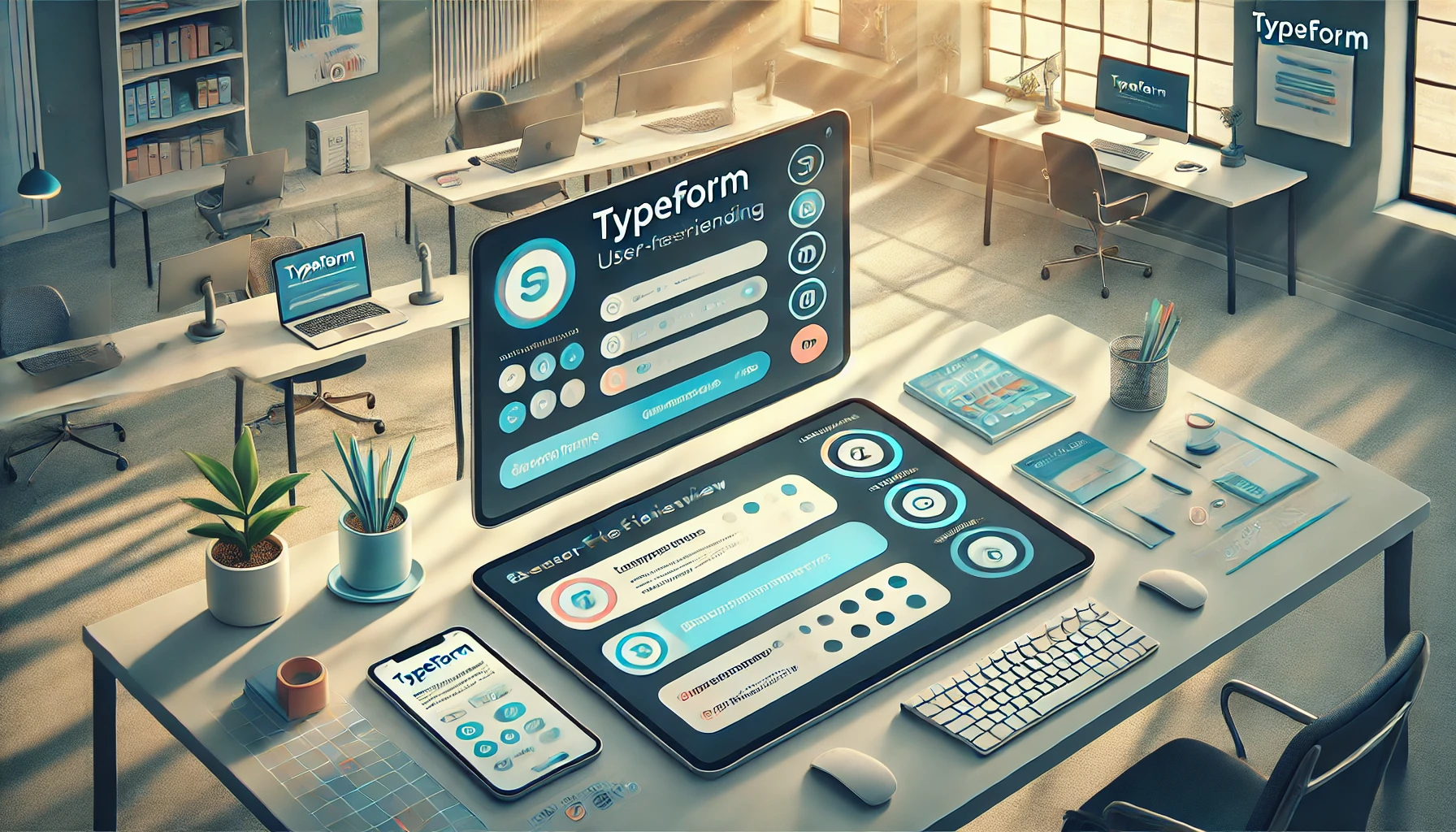 A wide banner image shows a digital workspace featuring Typeform's form interface displayed on a laptop and tablet. The form includes interactive elements like text fields, buttons, and drop-down options, set in a clean and modern minimalist office background. The design emphasizes ease of use, clarity, and interactive engagement with a bright, approachable color scheme.

