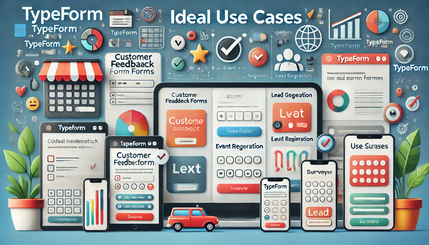 A wide banner image showcases various digital devices displaying Typeform interfaces tailored for different use cases, such as customer feedback, event registration, lead generation, and surveys. Each device shows engaging, colorful form elements like checkboxes, sliders, and text fields. The background includes symbols representing business, education, and creative projects, highlighting Typeform’s versatility and ideal applications across different sectors.