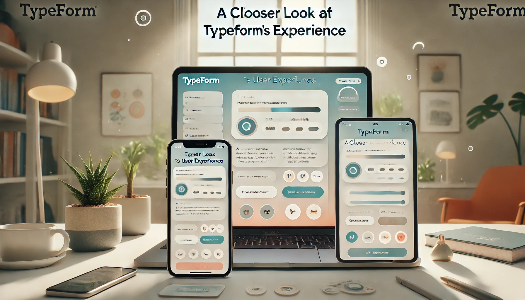 An inviting scene focusing on Typeform's user experience, featuring a responsive digital form displayed across devices, including a laptop, tablet, and smartphone. The form’s design is clean and minimal, with rounded fields and conversational prompts, characteristic of Typeform's style. The background includes a modern workspace setup, hinting at ease of use and high engagement. Soft, light colors with highlighted interaction points create a welcoming and accessible feel, while overlay text reads, “A Closer Look at Typeform’s User Experience.”

