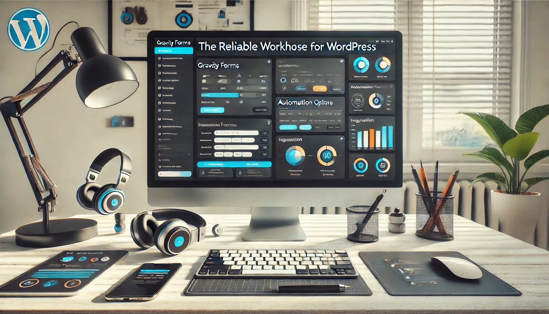 A modern office setup featuring a computer screen with Gravity Forms displayed in the WordPress dashboard. The title “Gravity Forms: The Reliable Workhorse for WordPress” is at the top. Surrounding items, like a smartphone, headphones, pen holder, and a sleek wireless keyboard, add a contemporary touch. The screen shows form fields, automation options, and integration icons, emphasizing Gravity Forms' robust functionality and ease of use. The clean design and productivity-focused color scheme create an efficient, tech-driven atmosphere.