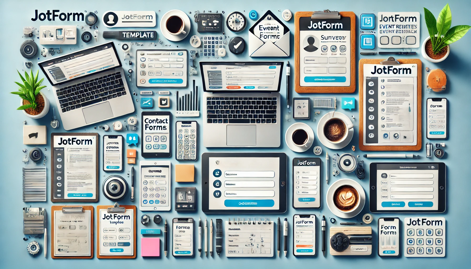 A high-quality wide banner image showcasing JotForm as a versatile form builder packed with templates. The workspace features digital devices like laptops, tablets, and smartphones displaying JotForm templates for contact forms, surveys, and event registration. Around the workspace are items like a notepad, pens, sticky notes, and a coffee cup, evoking creativity and productivity. Background icons represent fields such as business, education, and healthcare, emphasizing JotForm's customizability and template range in a clean, modern design.