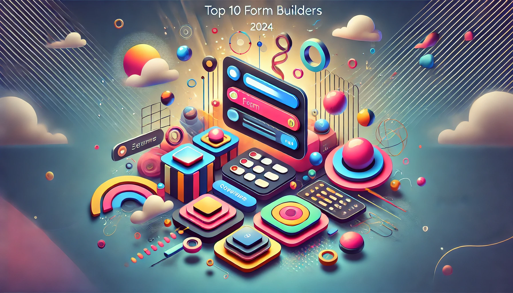 A high-quality, wide banner image in a creative and modern theme, featuring floating form elements like fields, buttons, icons, and progress bars arranged in a 3D, abstract space. Each element has a unique style and vibrant colors, suggesting customization options and accessibility in the top 10 form builders of 2024. The background includes gradients and geometric shapes, creating a visually engaging and innovative design.